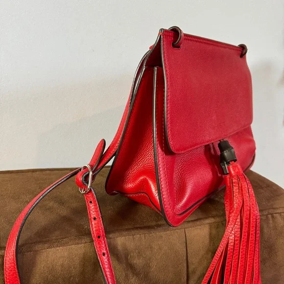 Gucci Women's Bamboo Daily Red Leather Flap Shoulder Bag - Picture 13 of 16